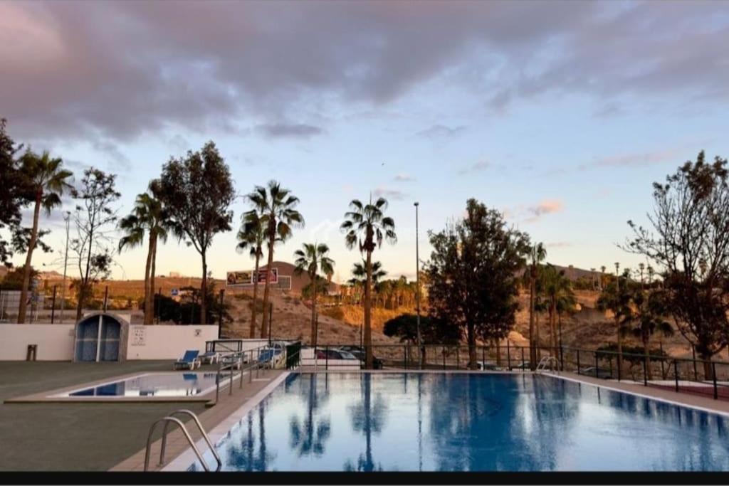 a large swimming pool with trees and palm trees at Penthouse Apartment Las Americas in Playa de las Americas