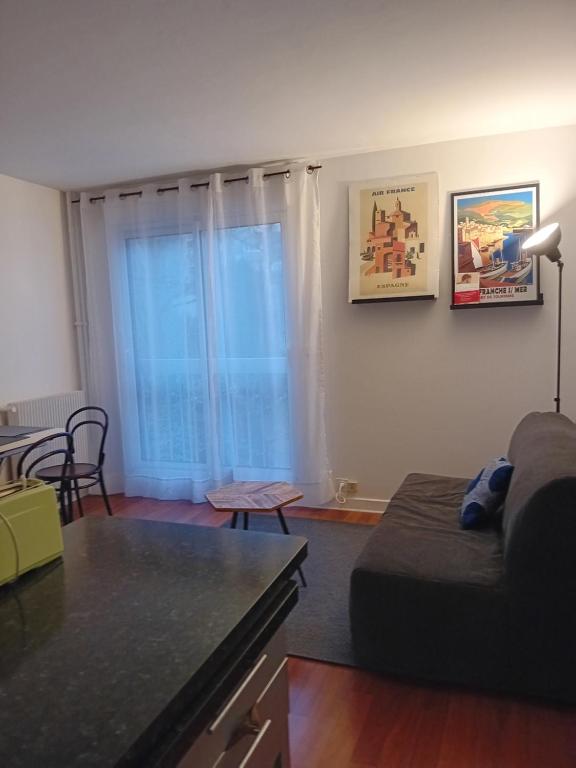 un salon avec un canapé et une fenêtre dans l'établissement Au rendez vous, à Paris