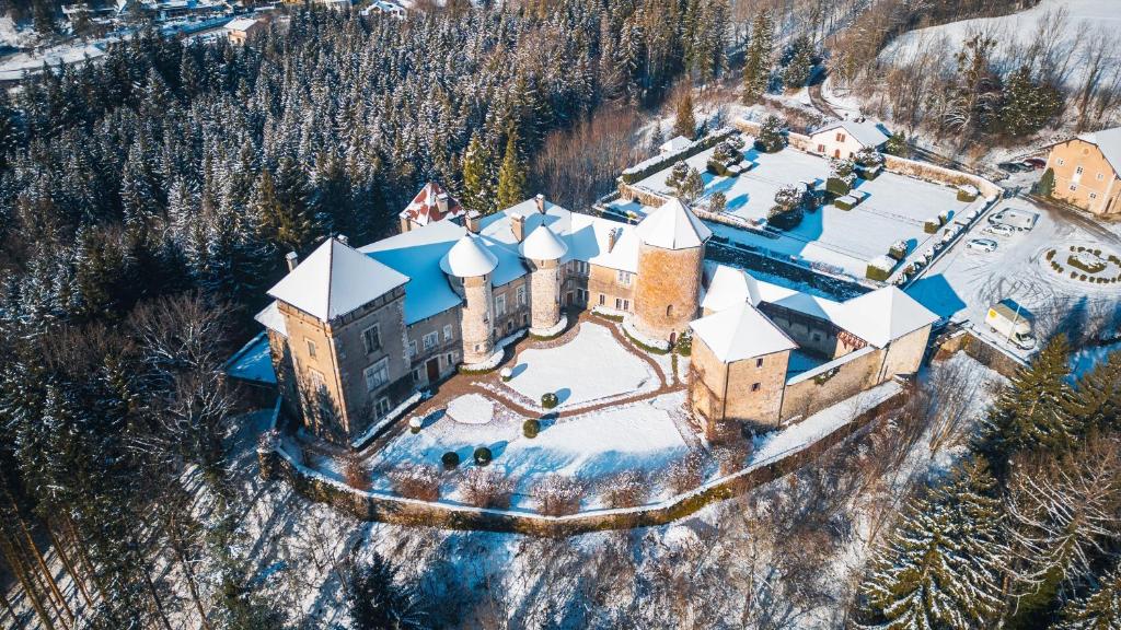 una vista aérea de un castillo en la nieve en Château de Thorens, en Thorens-Glières