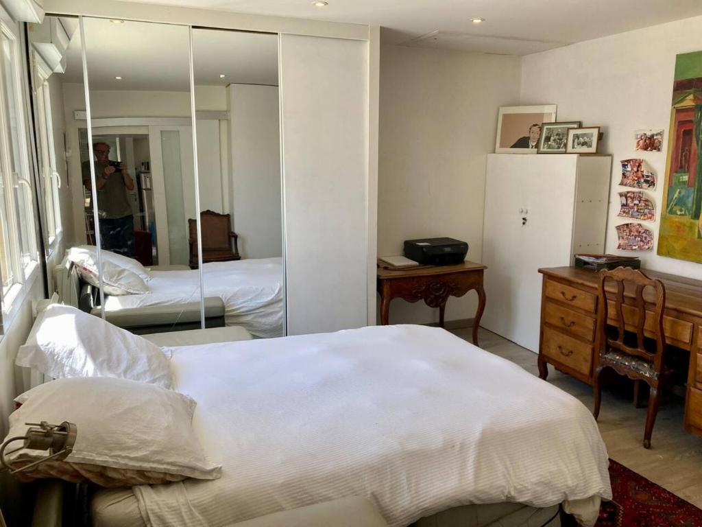 a bedroom with a white bed and a mirror at Propriete de 2 chambres avec terrasse et wifi a Saint Denis in Saint-Denis