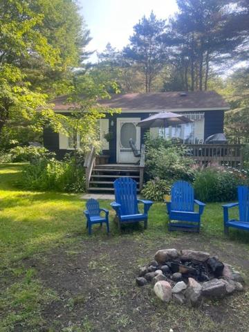 een groep blauwe stoelen rond een vuurplaats bij The “Loon” waterfront Muskoka cottage in Utterson