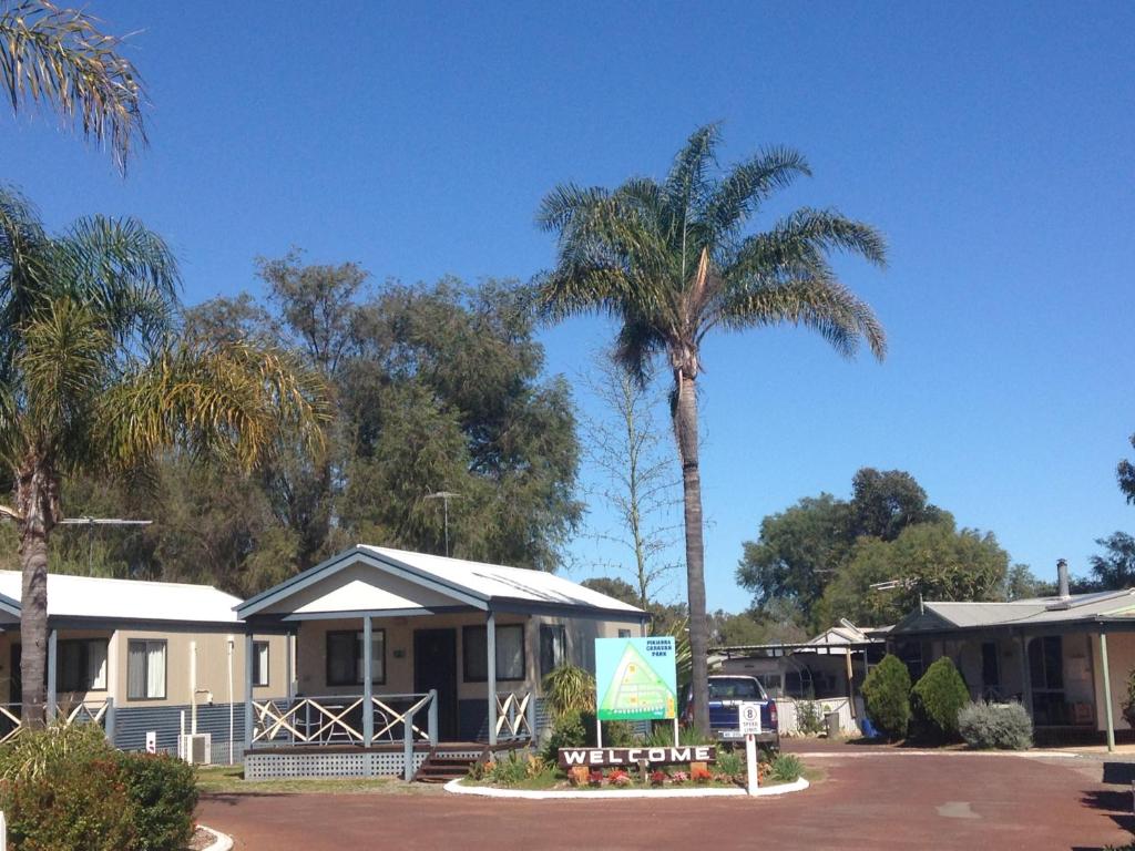 a palm tree in front of a house at Pinjarra Caravan Park and Cabins in Pinjarra