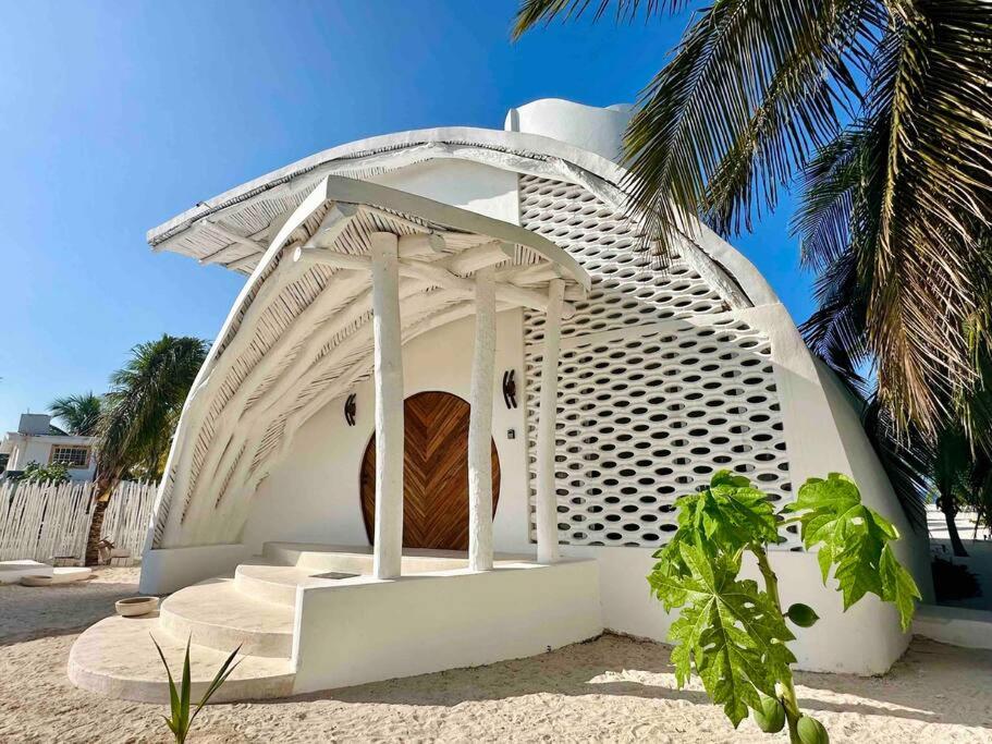 a white house on the beach with a palm tree at Unique Beachfront Casa Kyma, Pool, San Crisanto, Yucatan in San Crisanto