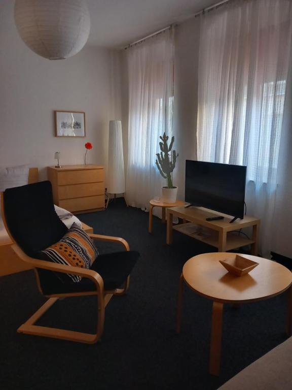 a living room with a tv and a chair and a table at City-Apartment Adlergasse Dresden in Dresden