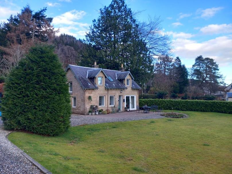 a house with a tree in front of a yard at Beautiful Historic Cottage in Callander