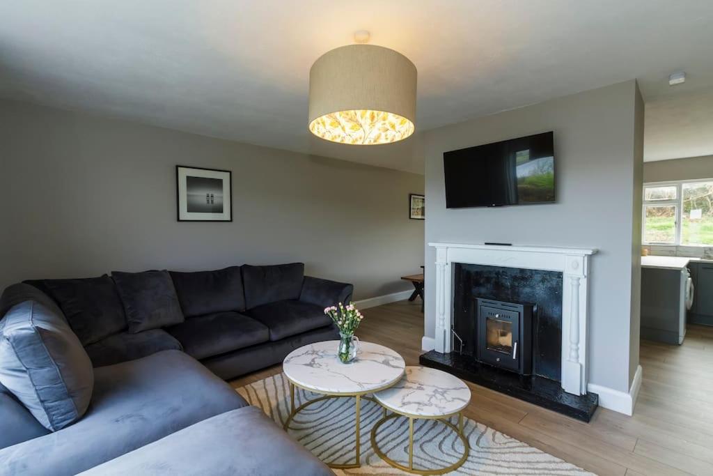 a living room with a couch and a fireplace at Teach an Choill, Dingle in Dingle