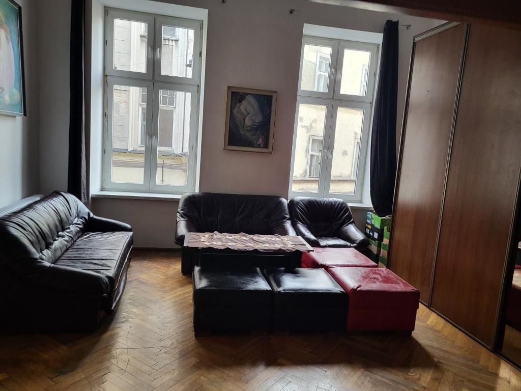 a living room with a leather couch and two windows at Agnieszki Room nr 1 in Krakow