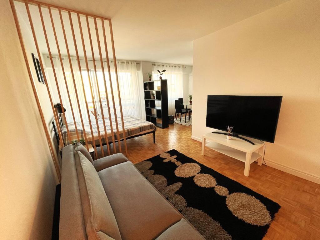 ein Wohnzimmer mit einem Sofa und einem Flachbild-TV in der Unterkunft Appartement T1 Confort Tête d'Or Doua - Parking Gratuit in Villeurbanne