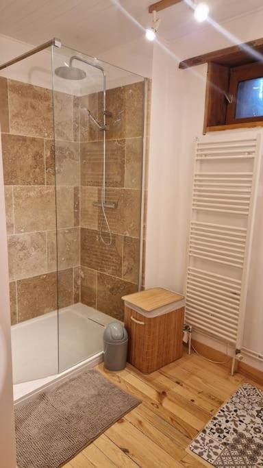 baño con ducha y puerta de cristal en Maison atypique au grand charme, en Embrun