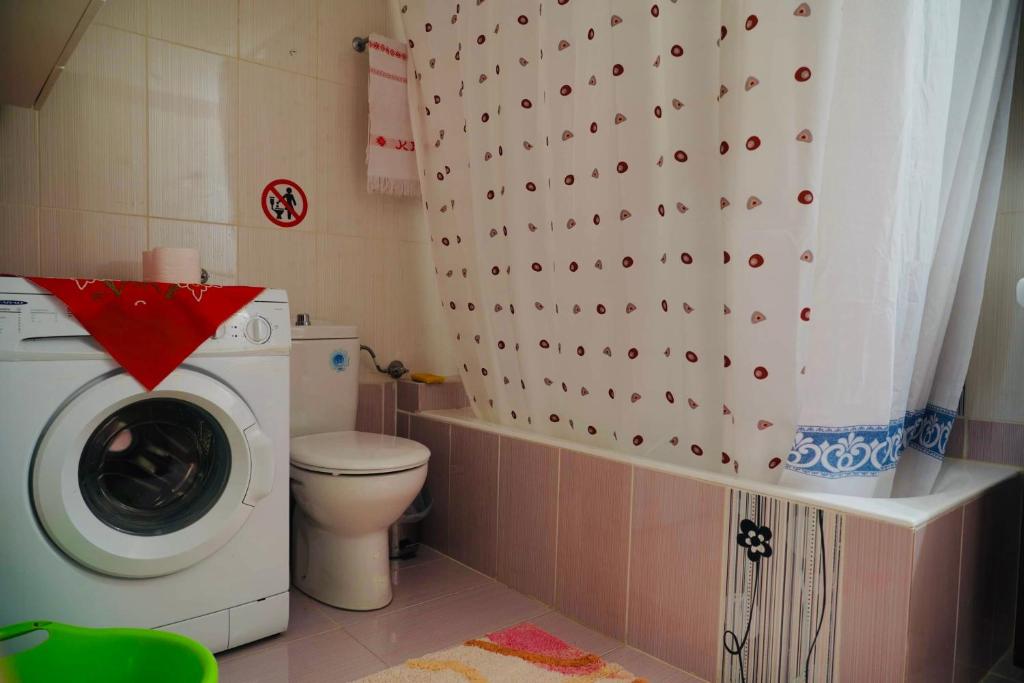 uma casa de banho com uma máquina de lavar roupa e um WC em Villa Athamanio - Suite em Athamanio