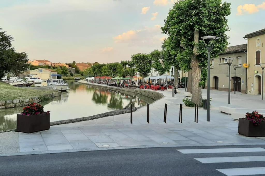 a street with a canal in a town with buildings at Lovely house with courtyard and terrace near canal du Midi in Trèbes