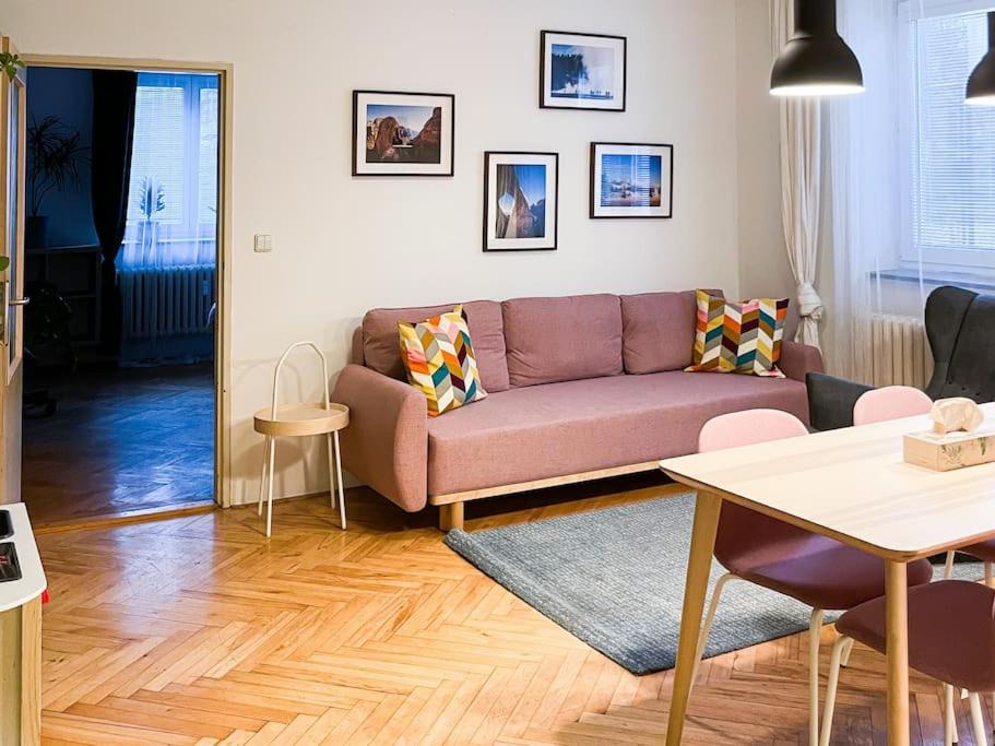 ein Wohnzimmer mit einem Sofa und einem Tisch in der Unterkunft Rodinný byt pro 4 na Brno-střed in Brünn