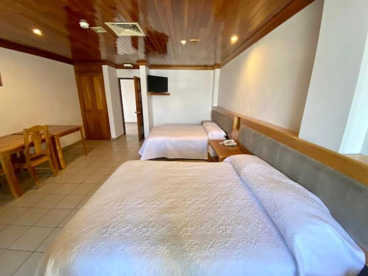 Cette chambre comprend 2 lits, une table et une télévision. dans l'établissement GARDEN SUITES, à Aguascalientes