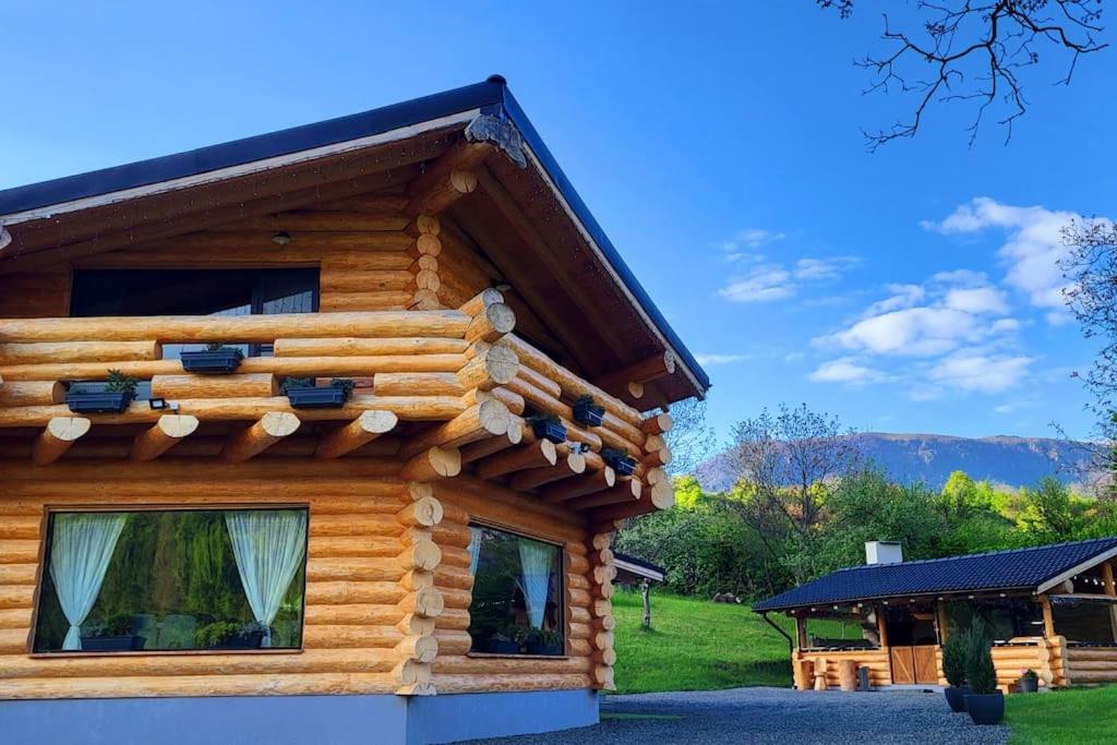 una cabaña de madera con una montaña en el fondo en Perla Chiuzbaii en Baia-Sprie