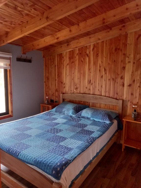 - une chambre avec un lit dans une cabane en rondins dans l'établissement Cabaña 2 Vive Villarrica, à Villarrica