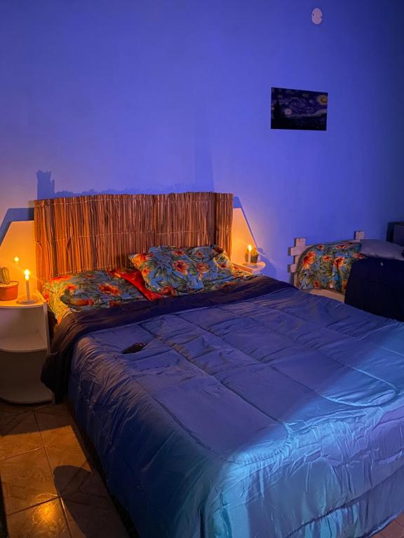 a bedroom with a large bed in a purple room at Pousada Alto da Prainha in Rio de Janeiro