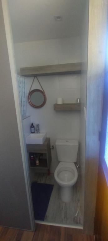 a small bathroom with a toilet and a sink at Aires de Chacras in Chacras de Coria