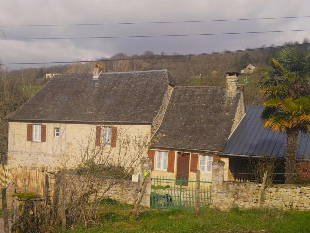 une maison ancienne avec un toit noir et un palmier dans l'établissement Gîte Les Coteaux Périgourdins, 3 pièces, 4 personnes - FR-1-616-291, à Grèzes