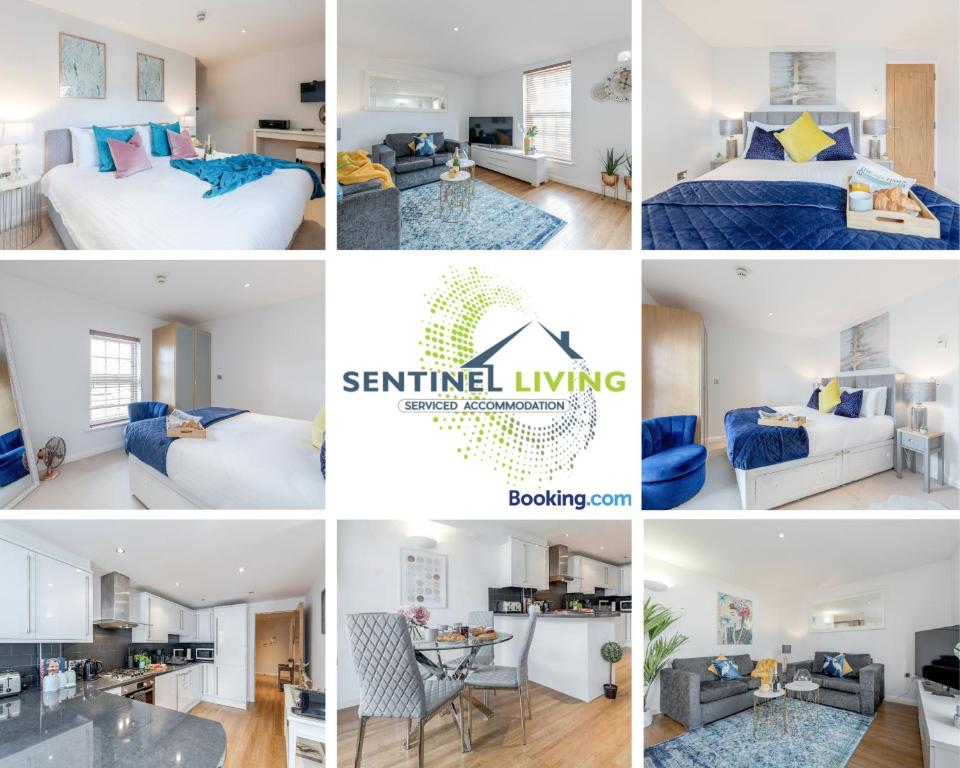 a collage of photos of a bedroom and a living room at Windsor, 2 Bedroom Apartment By Sentinel Living Short Lets & Serviced Accommodation Windsor Ascot Maidenhead With Free WiFi in Windsor