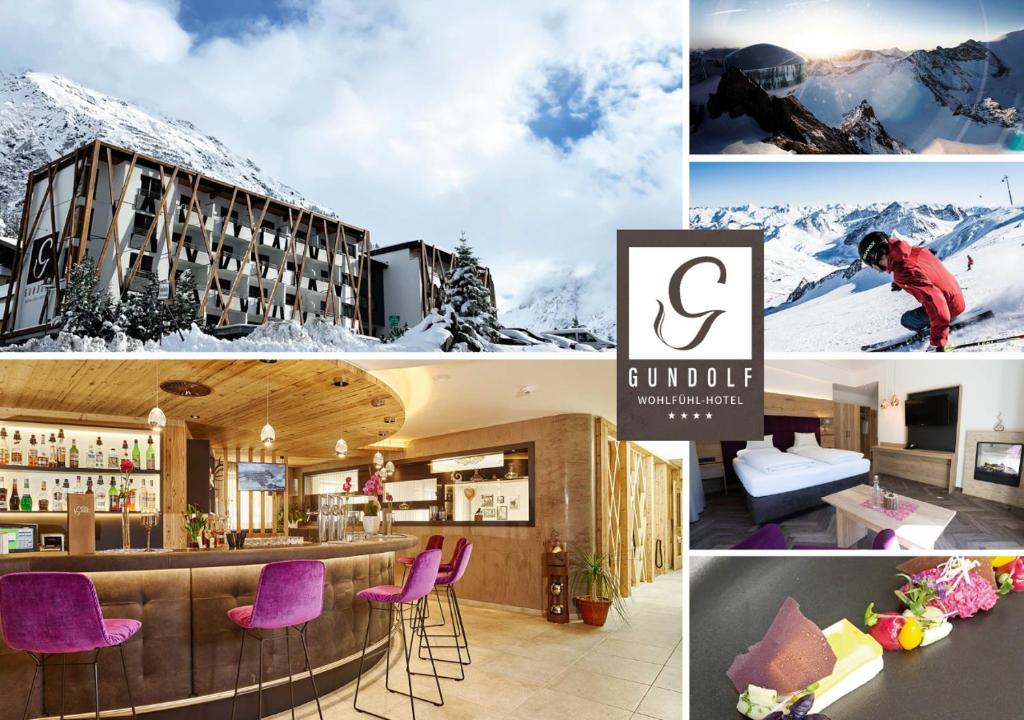 un collage de fotos de un hotel con montañas cubiertas de nieve en Hotel Gundolf, en Sankt Leonhard im Pitztal