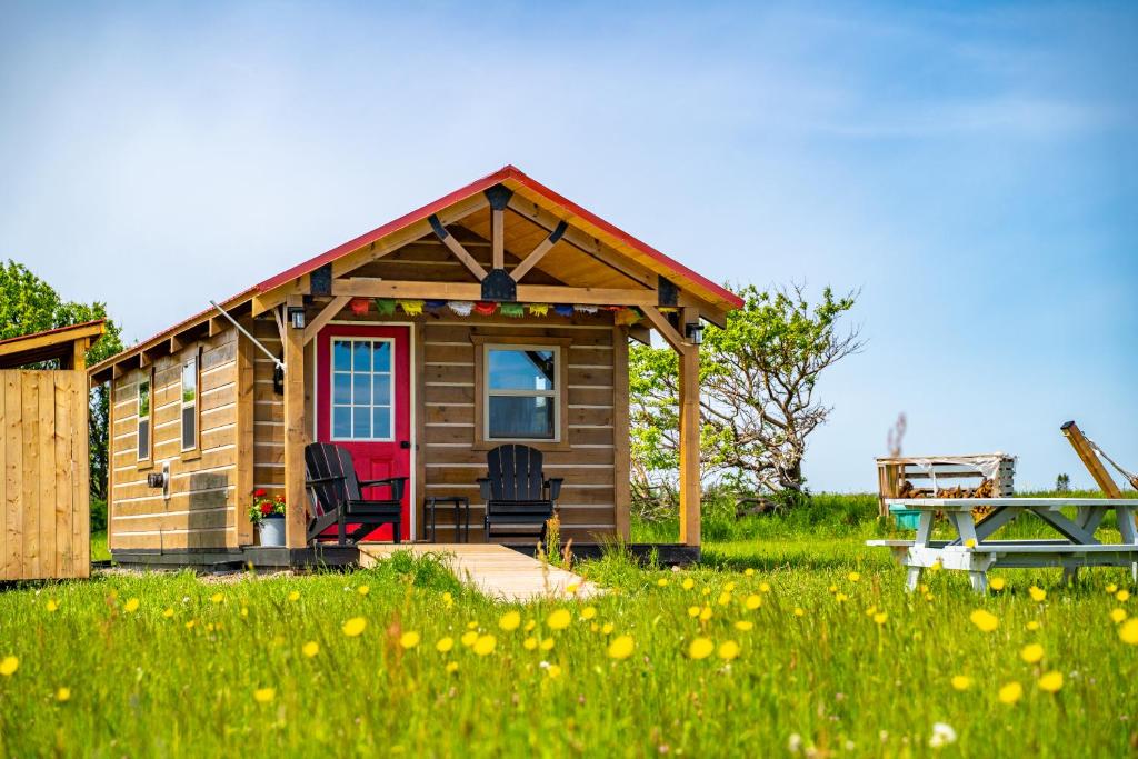 Cabaña de madera con puerta roja en un campo de hierba en Ravens Rest Retreat, 