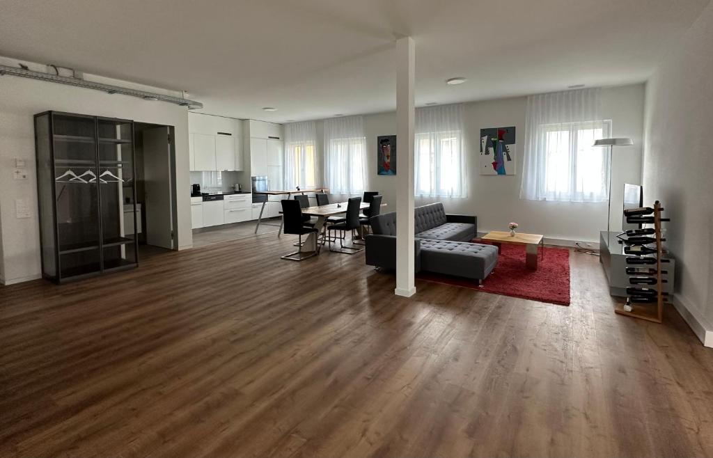 Seengen的住宿－Grosse Einzimmerwohnung/Büro/Showroom，带沙发和桌子的大客厅