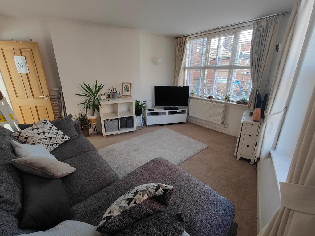 a living room with a couch and a tv at Central Caversham Reading one bed flat in Reading