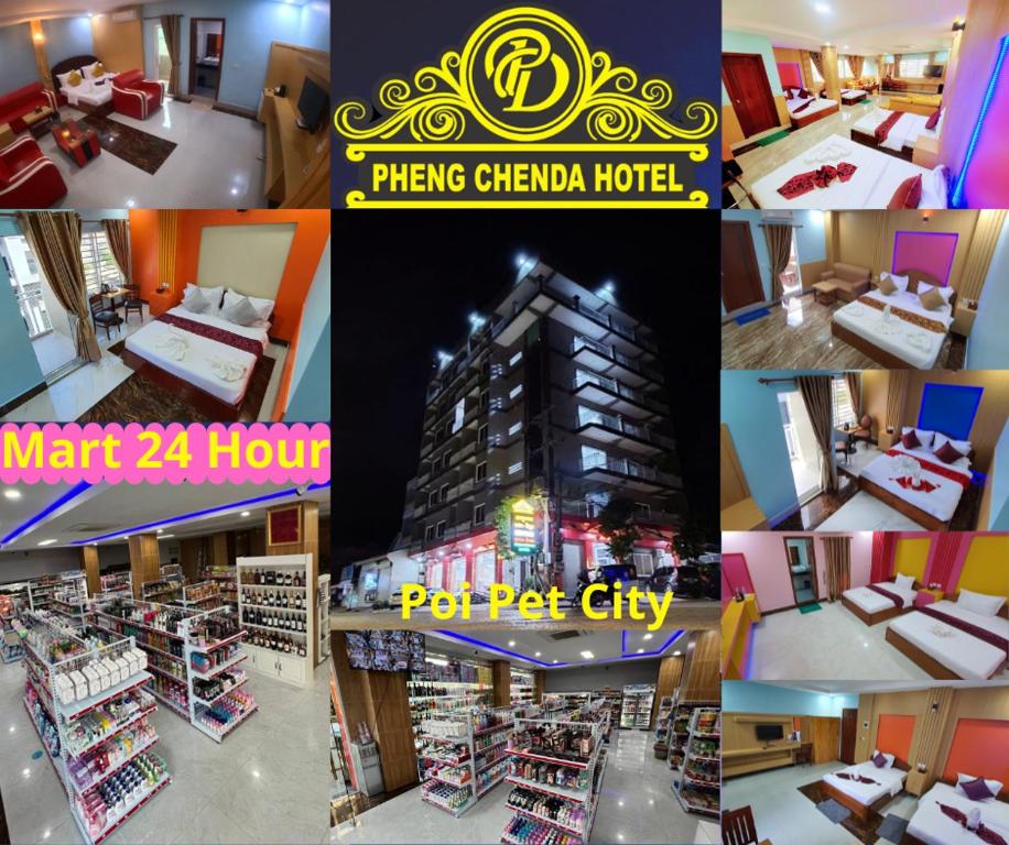 eine Collage mit Bildern eines Hotels und einer Apotheke in der Unterkunft Pheng Chenda Hotel in Krong Poi Pet