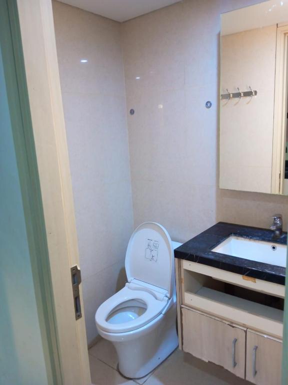 ein Badezimmer mit einem weißen WC und einem Waschbecken in der Unterkunft Hani Apartemen Simpang lima in Semarang