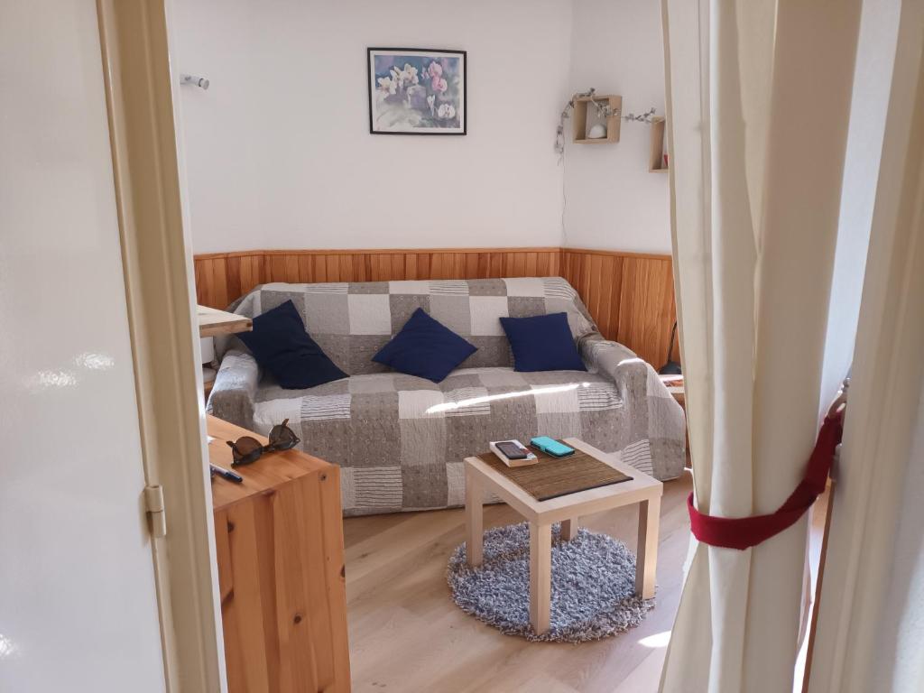 a living room with a couch and a table at Les Terrasses de la Foux Coquet studio 100m Labrau 4 couchages in La Foux