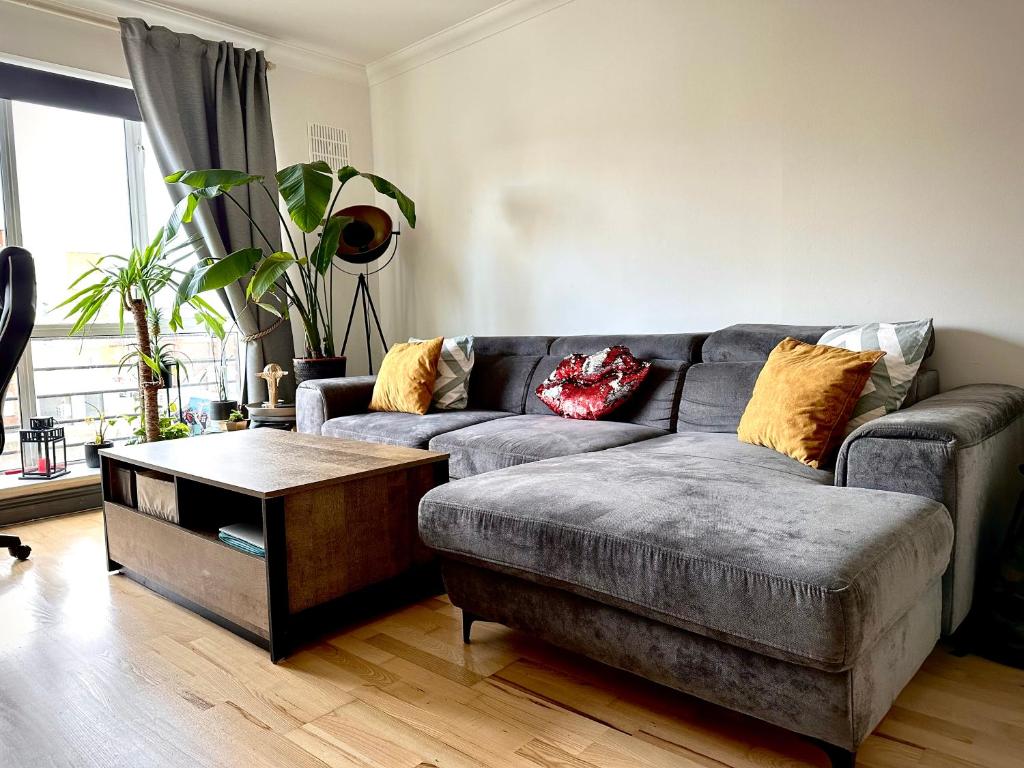 a living room with a couch and a coffee table at Riverview Apartment in Dublin