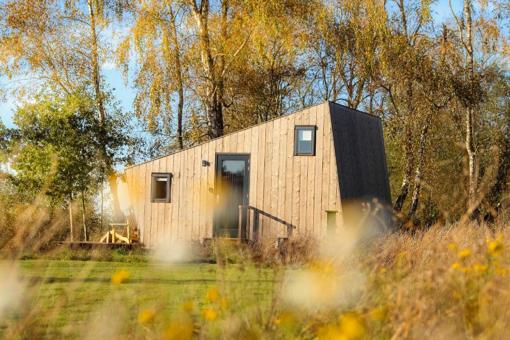 ein Holzhaus mit schwarzem Dach auf einem Feld in der Unterkunft Tiny house De Ljip in Westergeest