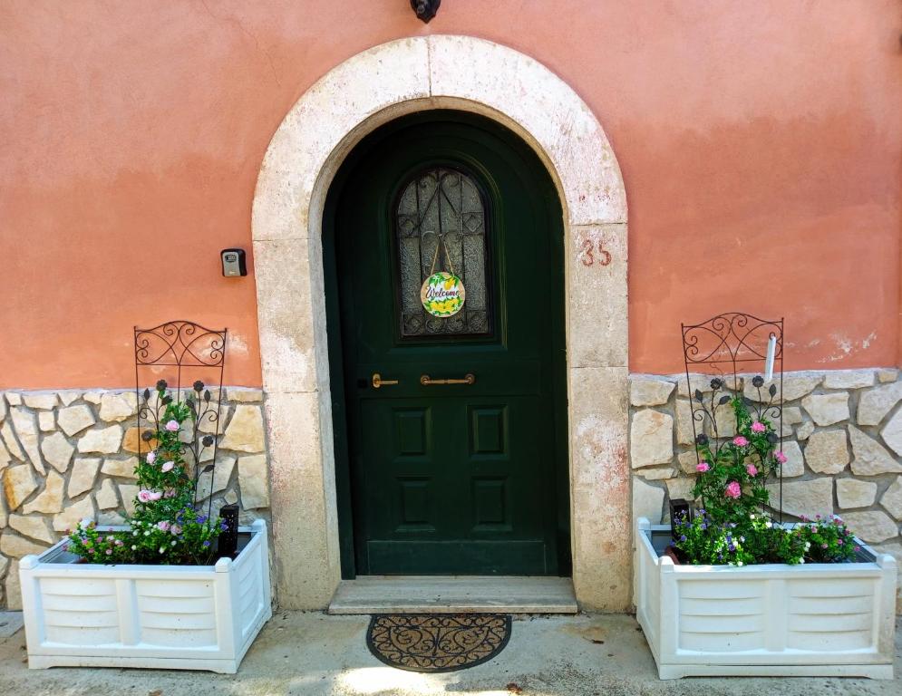 a green door with two flower pots in front of a building at Apartment in Gallinaro with stunning views in Gallinaro