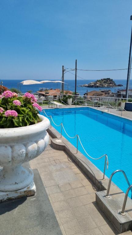 a large swimming pool with a flower pot next to it at Hotel Lachea in Acitrezza