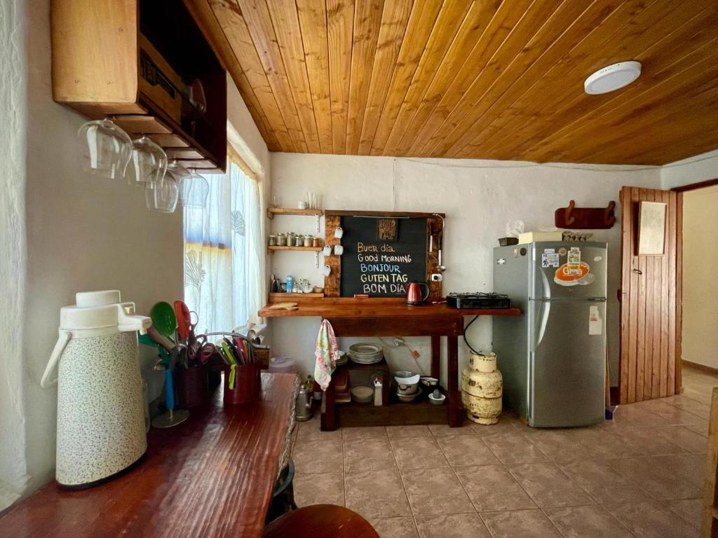 uma cozinha com um frigorífico e um tecto em madeira em Hostal del río em El Bolsón