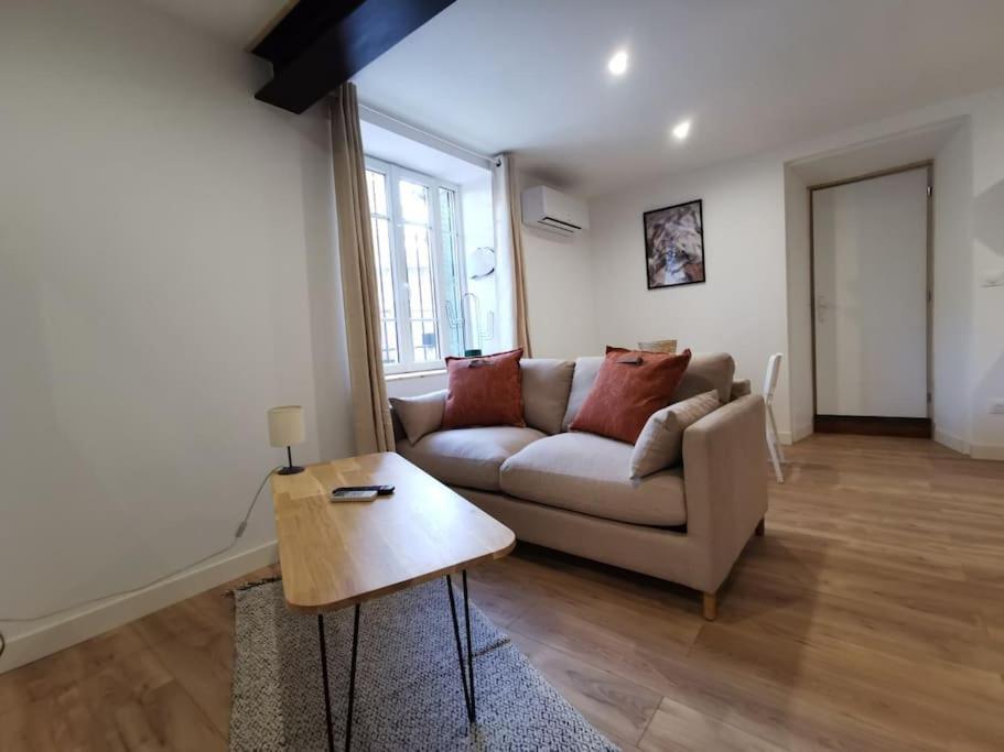 ein Wohnzimmer mit einem Sofa und einem Tisch in der Unterkunft Ores du Roussillon grand studio climatisé extérieur in Villeneuve-lès-Avignon