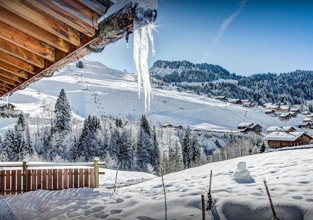 a icicle hanging from a roof in the snow at Chalet Sicoria - Les Congères in Le Grand-Bornand