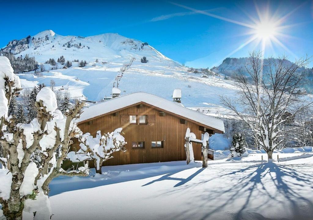 a cabin in the snow with a mountain in the background at Chalet Joubarbe - Les Congères in Le Grand-Bornand