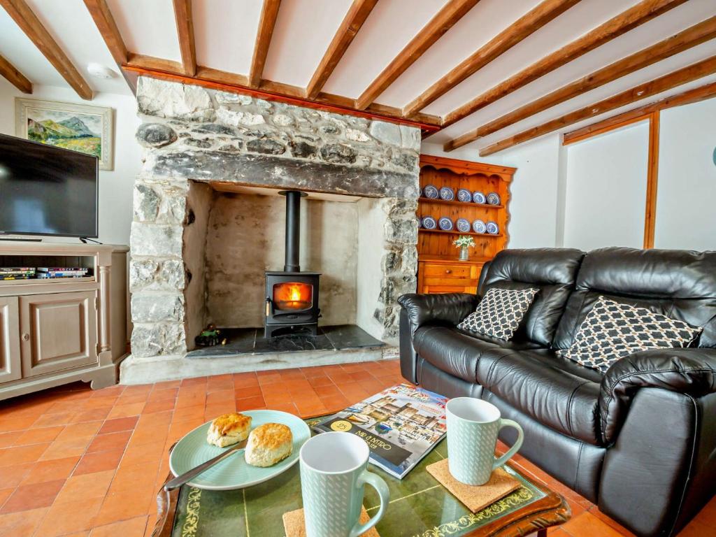 sala de estar con sofá de cuero y chimenea en 2 Bed in Aberdesach 92082 en Clynnog-fawr