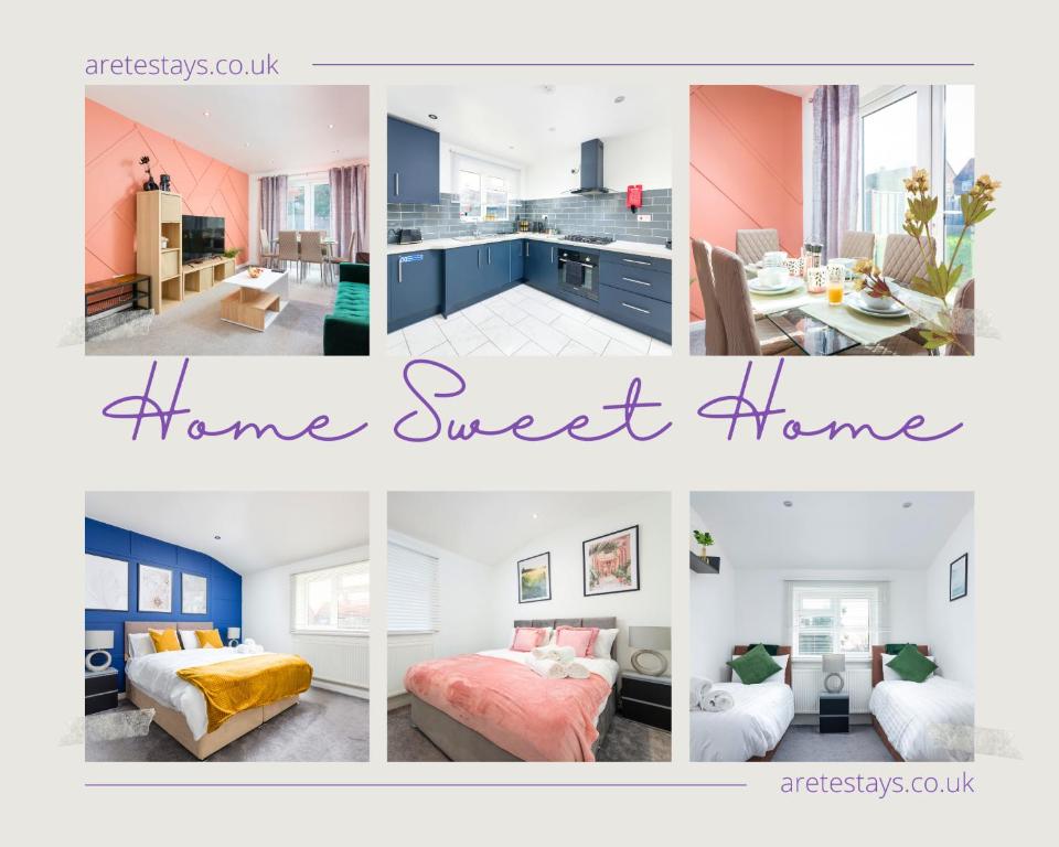 a collage of photos of a home sweet home at Arete Serviced Accommodation - 3 Bedrooms, 4 Beds, with Parking in Merstham