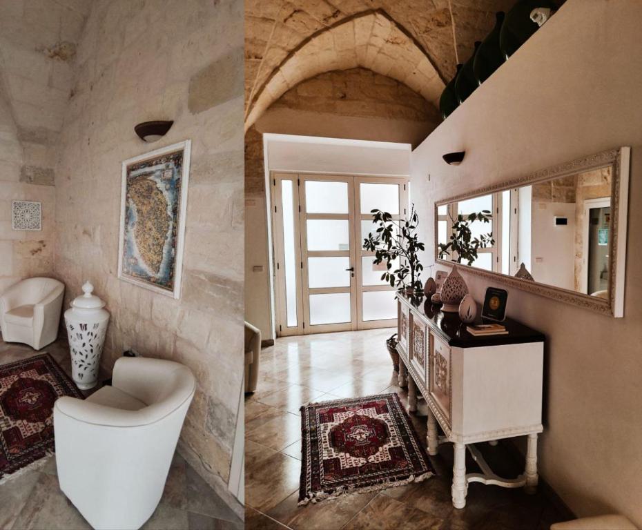 two pictures of a bathroom with a toilet and a mirror at OtrantoCasa in Otranto