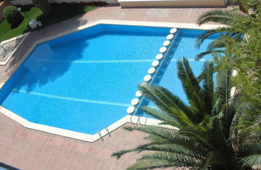 einen Blick über einen blauen Pool mit einer Palme in der Unterkunft APARTBEACH SOL y PLAYA 141 CLIMATIZADO CERCA PLAYA in Salou