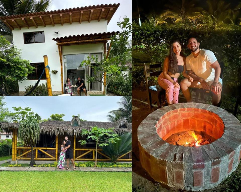 un collage de fotos de una pareja sentada alrededor de una hoguera en Las Cabañas, en Olón