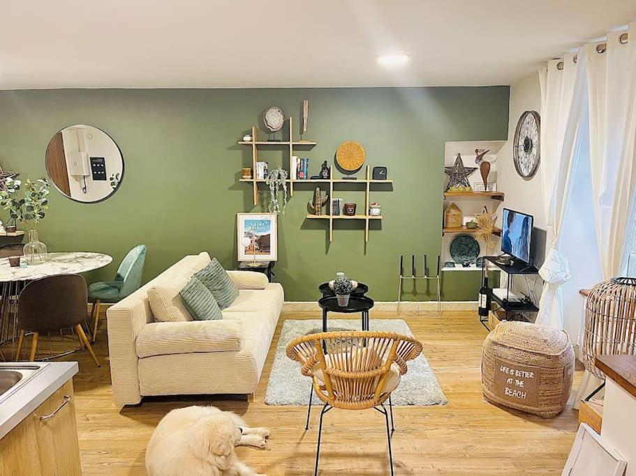 uma sala de estar com um gato deitado no chão em Le Cottage Breton, hypercentre historique StB em Saint-Brieuc