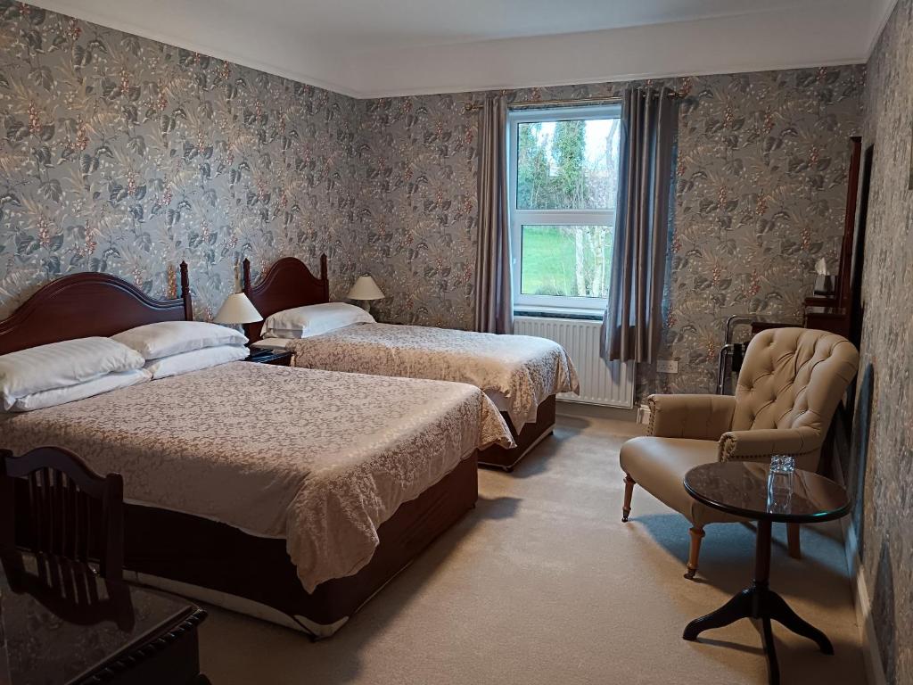 una habitación de hotel con 2 camas y una silla en Carraig Rua, en Kilkenny