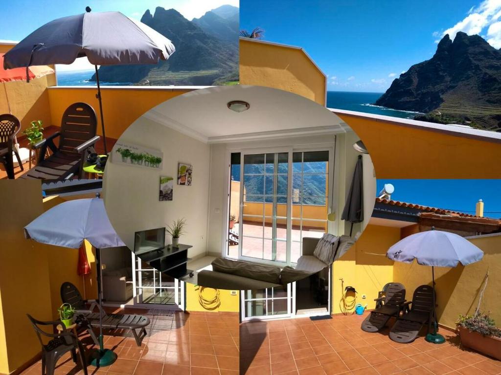 彭塔德利達戈的住宿－2 bedrooms property with terrace and wifi at San Cristobal de La Laguna，客厅两张照片,配有雨伞