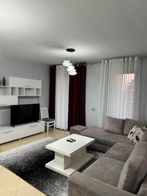 Tirana Apartments Onea's في تيرانا: غرفة معيشة مع أريكة وطاولة
