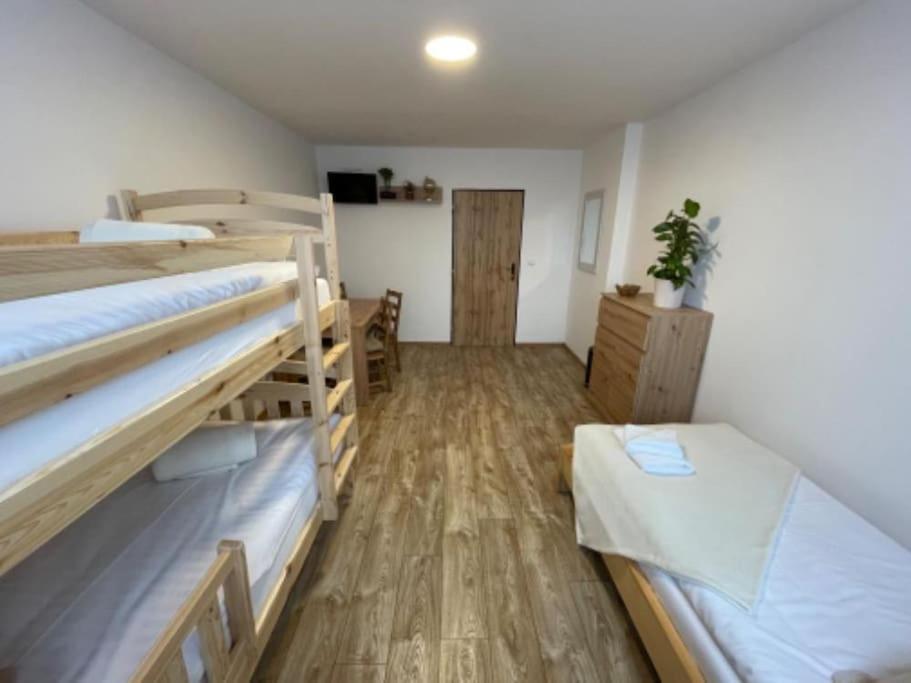 Zimmer mit 2 Etagenbetten und einem Schreibtisch in der Unterkunft Apartmán Strážný 7 in Strážný