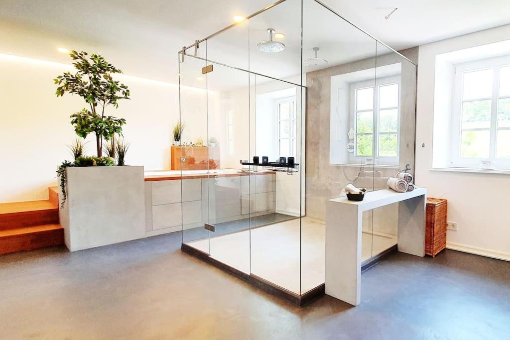 uma casa de banho com uma cabina de duche em vidro e uma mesa em Bruce's Countryhouse em Niederweis