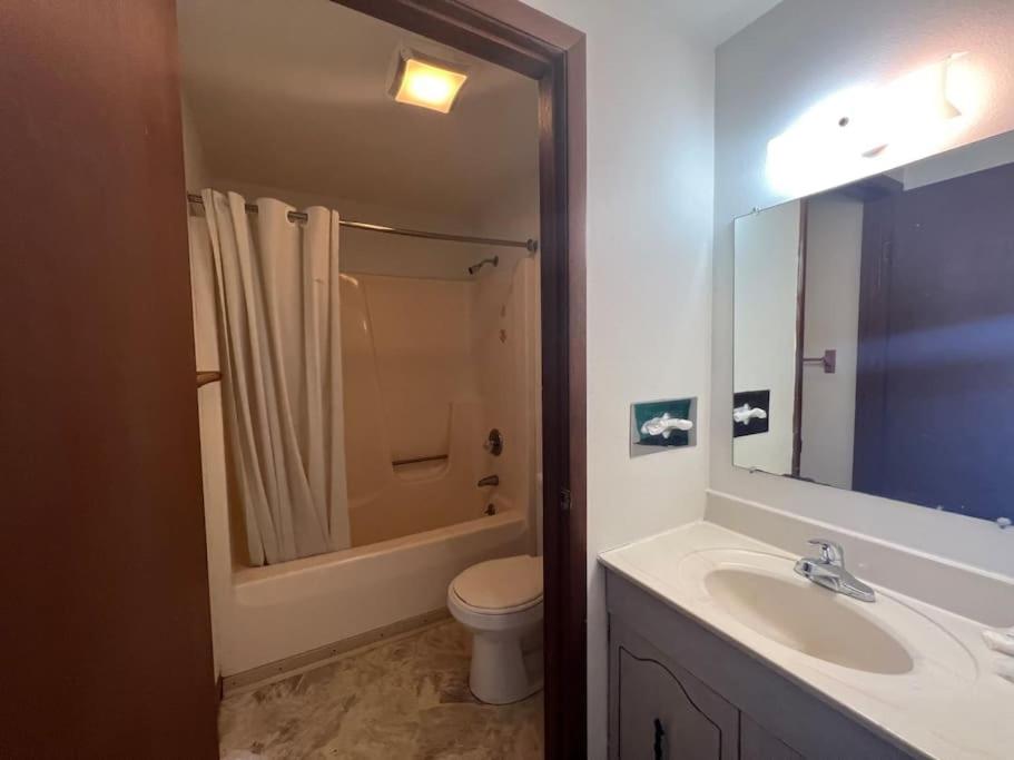 a bathroom with a sink and a toilet and a mirror at Unit #22 at Snooze in Wisconsin Rapids